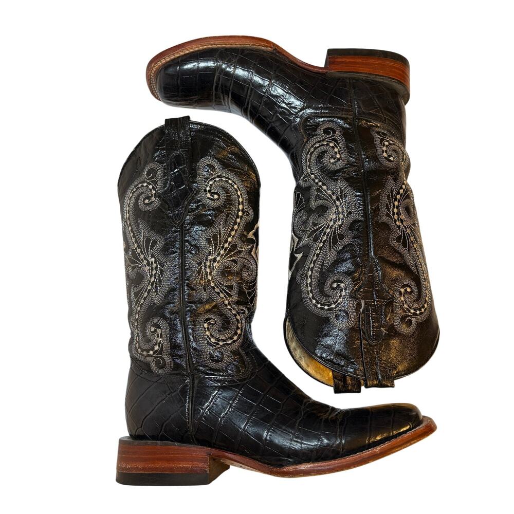 Ferrini Black Western Cowboy Boots Women 7.5 B Square Toe Embossed Leather